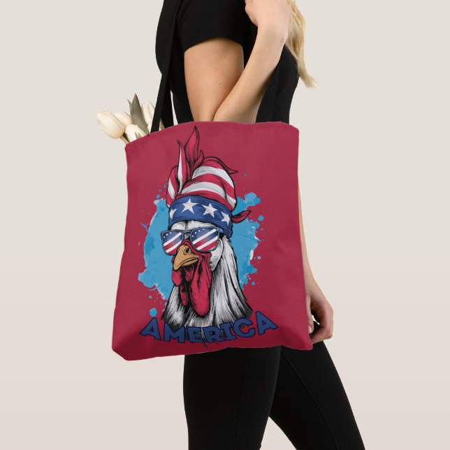 Patriotic Chicken in USA Bandana and Shades Tote Bag (Close Up)