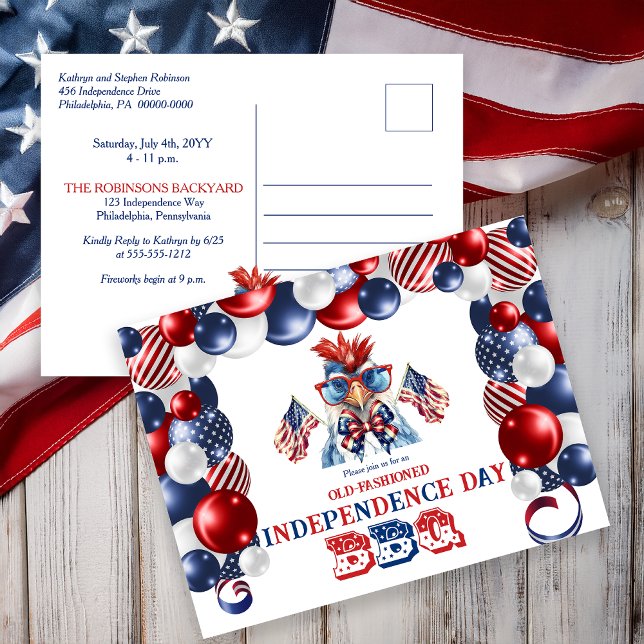 Patriotic Chicken Sunglasses Independence Day BBQ Holiday Postcard (Patriotic Chicken in Sunglasses Waving Flags "Old Fashioned Independence Day BBQ" Invite Postcard)