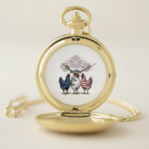 Patriotic Chicken Trio Vintage Engraving Vector De Pocket Watch