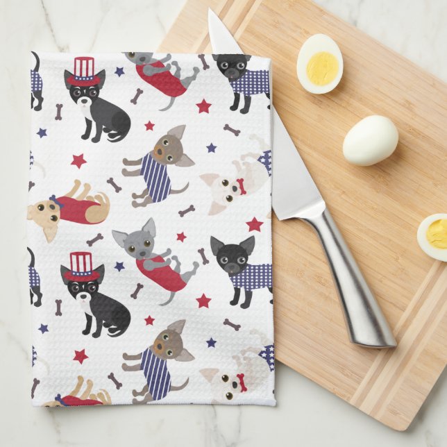 Patriotic Chihuahua Pattern Kitchen Towel (Quarter Fold)