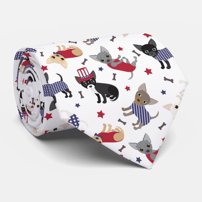 Patriotic Chihuahua Pattern Neck Tie (Rolled)