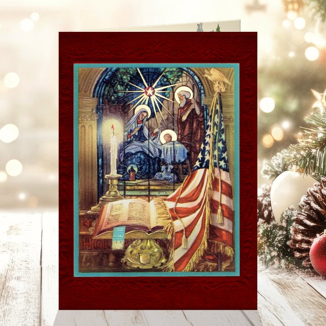 Patriotic Christian American Christmas Foil Holiday Card (Christian American patriotic Christmas card of the American flag and holy family Nativity scene)