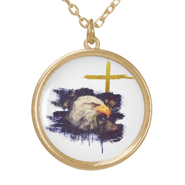 *~* Patriotic Christian Eagle Cross Veteran Gold Plated Necklace (Front)