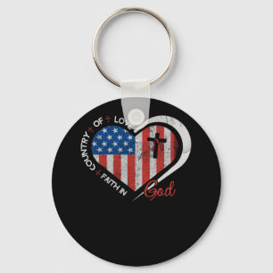 Patriotic Christian Faith In God Heart Cross Flag Keychain