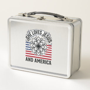 Patriotic Christian Flower Vintage T-Shirt Metal Lunch Box