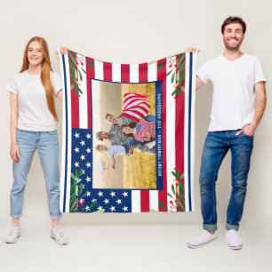 Patriotic Christmas Custom Photo American Flag Fleece Blanket