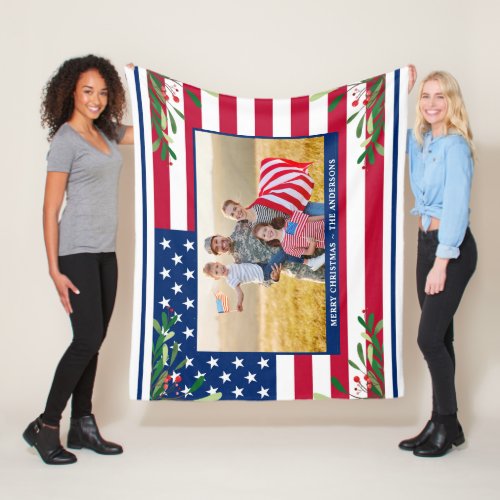 Patriotic Christmas Custom Photo American Flag Fleece Blanket