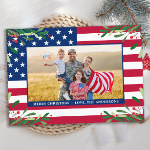 Patriotic Christmas Custom Photo American Flag  Holiday Card