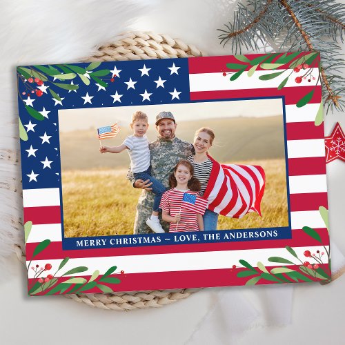 Patriotic Christmas Custom Photo American Flag  Holiday Postcard