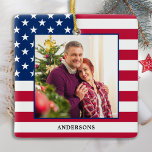 Patriotic Christmas Custom Photo USA American Flag Ceramic Ornament<br><div class="desc">American Flag Christmas Ornament. This patriotic stars and stripes usa flag christmas ornament will be a treasured keepsake. Ornament is double sided, you can do 2 favorite photos, one on each side. Perfect for military, patriotic family, and all those who love the American Flag. Personalize name on the front, and...</div>