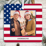 Patriotic Christmas Custom Photo USA American Flag Metal Ornament<br><div class="desc">American Flag Christmas Ornament. This patriotic stars and stripes usa flag christmas ornament will be a treasured keepsake. Ornament is double sided, you can do 2 favorite photos, one on each side. Perfect for military, patriotic family, and all those who love the American Flag. Personalize name on the front, and...</div>