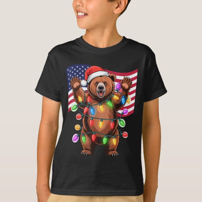 Patriotic Christmas Grizzly Bear Holiday Light San T-Shirt (Front)