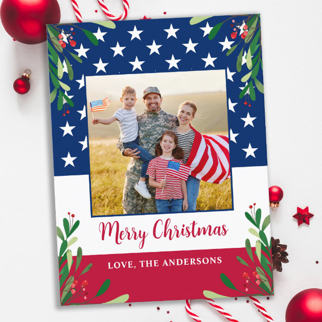 Patriotic Christmas Military Photo American Flag Holiday Postcard | Zazzle