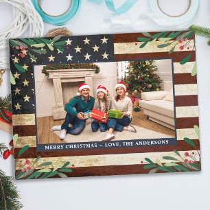 Patriotic Christmas Photo Vintage American Flag Holiday Postcard