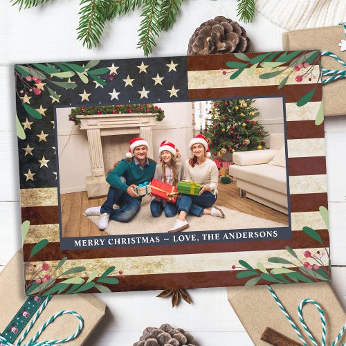 Patriotic Christmas Photo Vintage American Flag    Postcard