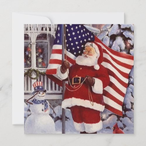 Patriotic Christmas Santa Holding American Flag Holiday Card