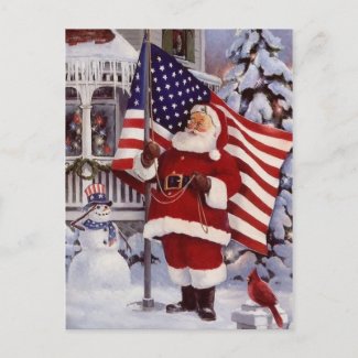Patriotic Christmas Santa Holding American Flag Holiday Postcard