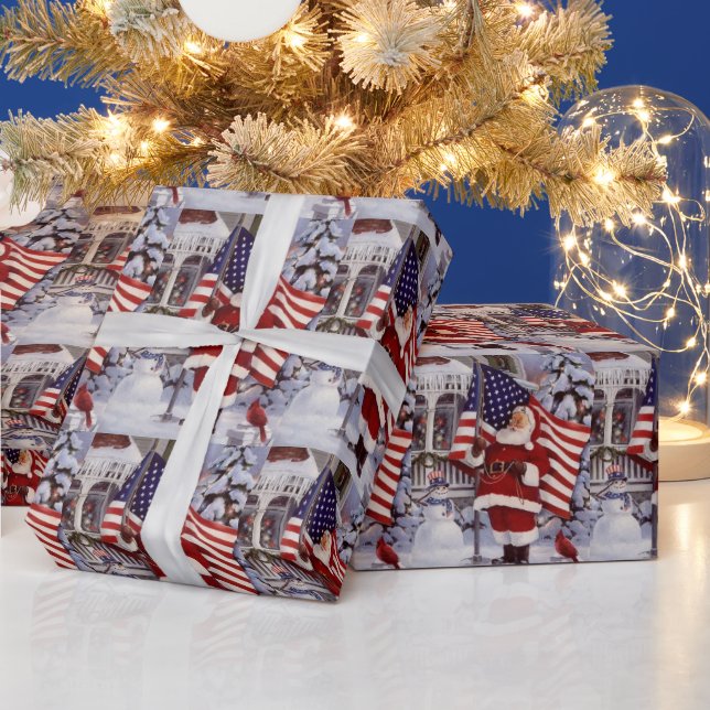 Patriotic Christmas Santa Holding American Flag Wrapping Paper (Holidays)