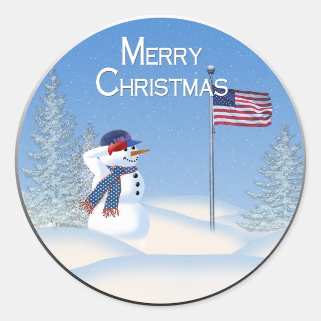 Patriotic Christmas Snowman - Round Sticker (Front)