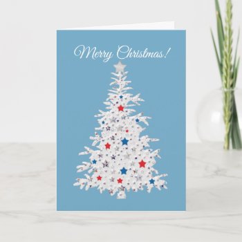Patriotic Christmas Tree On Blue Holiday Card by dbvisualarts at Zazzle