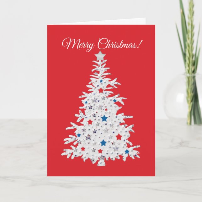 Patriotic Christmas Tree on red Holiday Card (Front)