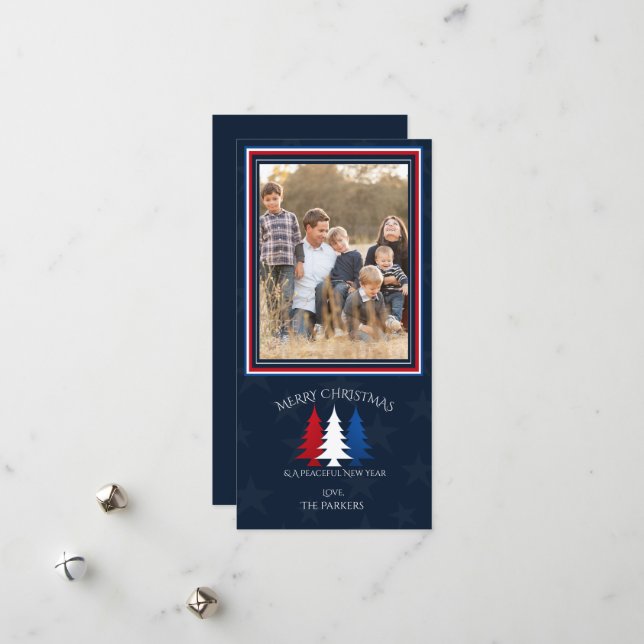 Patriotic Christmas Trees Navy Blue Photo Holiday  Card (Front/Back In Situ)