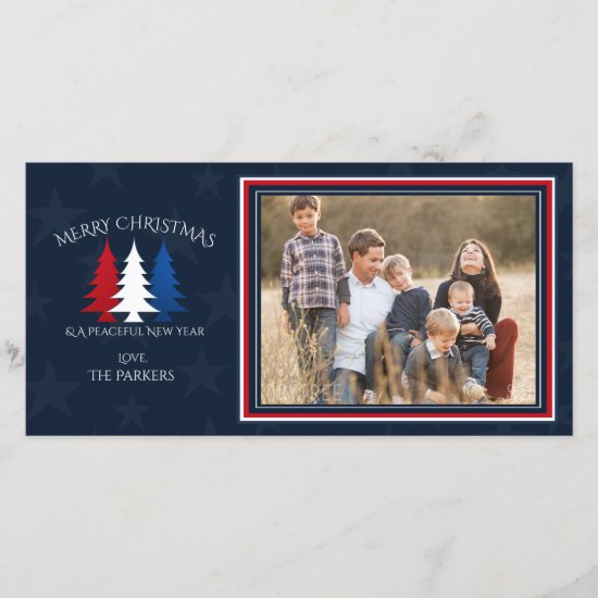 Patriotic Christmas Trees Navy Blue Photo Holiday Card