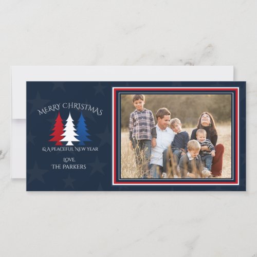 Patriotic Christmas Trees Navy Blue Photo Holiday Card
