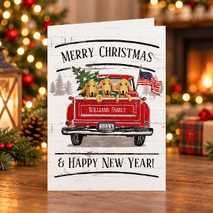 Patriotic Christmas Vintage Red Truck Dogs Photo Holiday Card