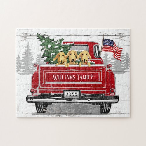Patriotic Christmas Vintage Red Truck Dogs Rustic Jigsaw Puzzle