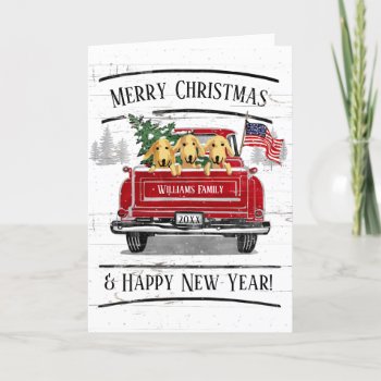 Patriotic Christmas Vintage Red Truck Flag Dogs Holiday Card by ilovedigis at Zazzle