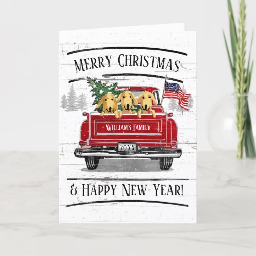 Patriotic Christmas Vintage Red Truck Flag Dogs Holiday Card