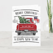 Patriotic Christmas Vintage Red Truck Flag Rustic Holiday Card at Zazzle