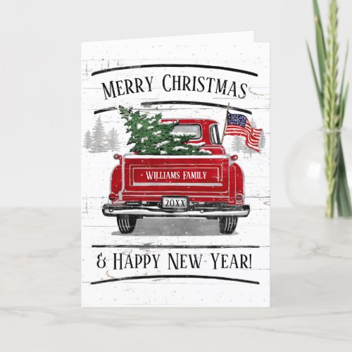 Patriotic Christmas Vintage Red Truck Flag Rustic Holiday Card