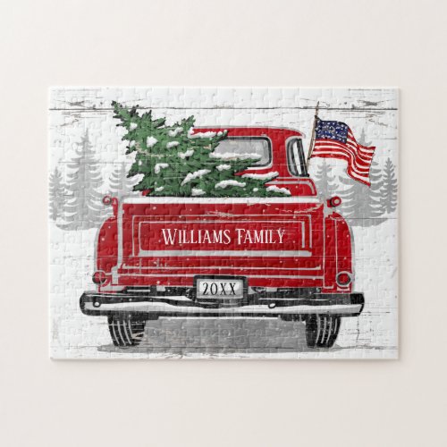 Patriotic Christmas Vintage Red Truck Flag Rustic Jigsaw Puzzle