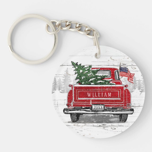 Patriotic Christmas Vintage Red Truck Flag Rustic Keychain (Front)