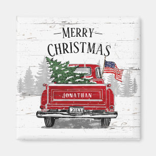 Patriotic Christmas Vintage Red Truck Flag Rustic Magnet
