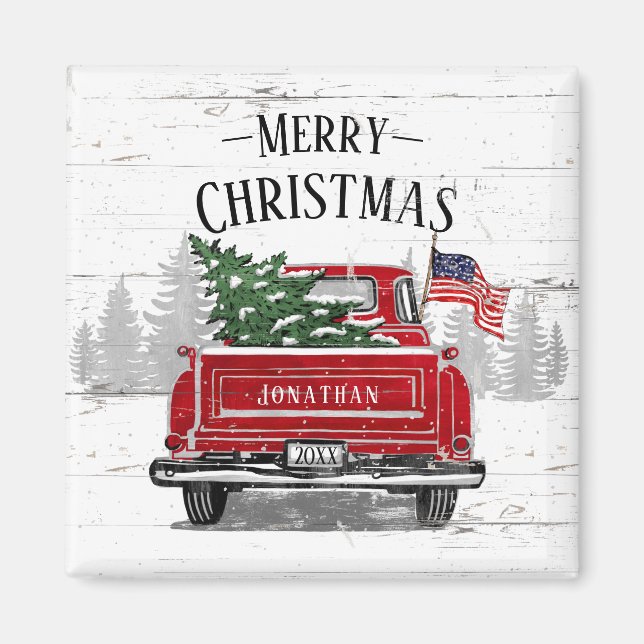 Patriotic Christmas Vintage Red Truck Flag Rustic Magnet (Front)