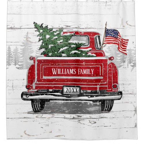 Patriotic Christmas Vintage Red Truck Flag Rustic Shower Curtain