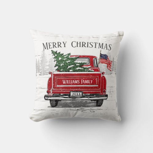 Patriotic Christmas Vintage Red Truck Name Rustic Throw Pillow