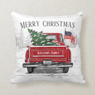 Patriotic Christmas Vintage Red Truck Name Rustic Throw Pillow
