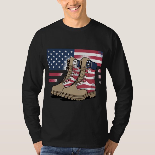 Patriotic Combat Boots American Flag T-Shirt  (Front)