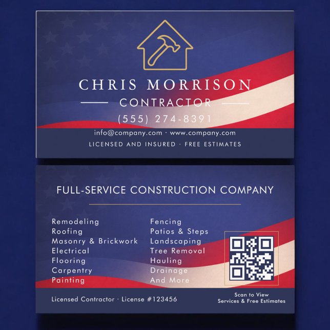 Patriotic Contractor Construction QR Code Business Card (Creator Uploaded)