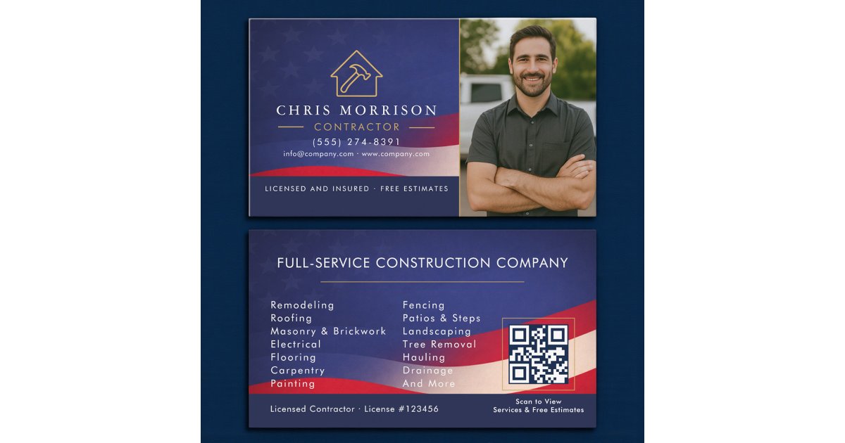 Patriotic Contractor QR Code Photo Business Card | Zazzle