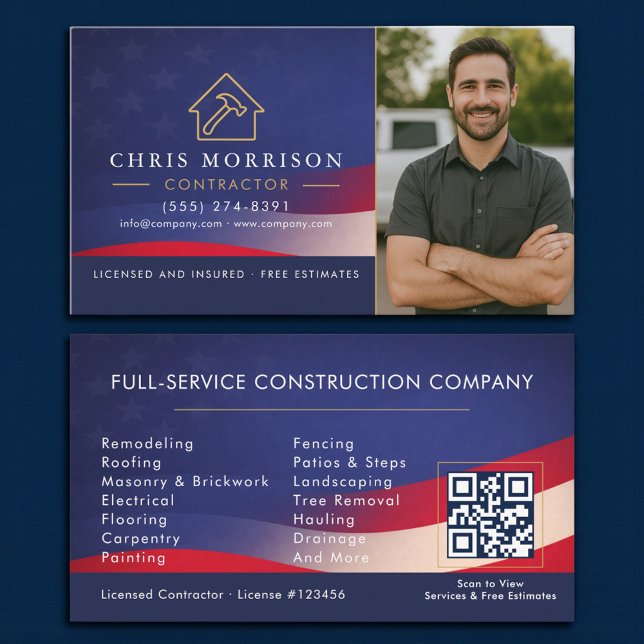 Patriotic Contractor QR Code Photo Business Card (Creator Uploaded)