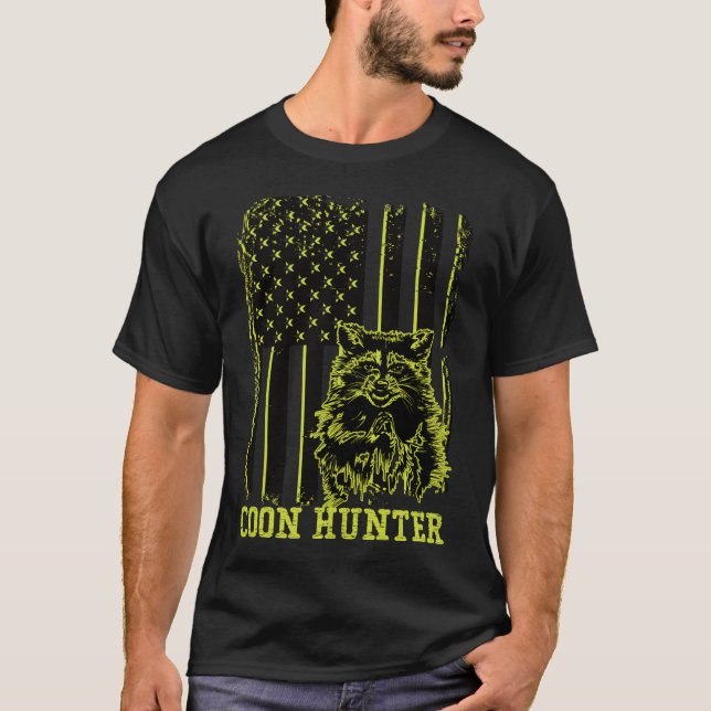 Patriotic Coon Hunter Raccoon American Flag T-Shirt (Front)