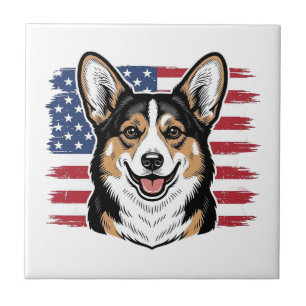 Patriotic Corgi American Flag Vintage Vector Desig Ceramic Tile