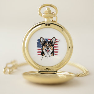 Patriotic Corgi American Flag Vintage Vector Desig Pocket Watch