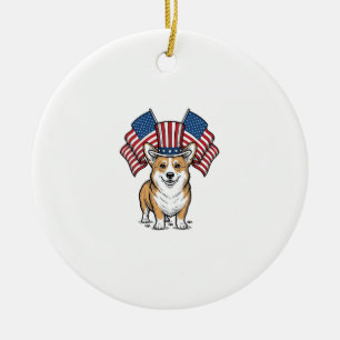 Patriotic Corgi Dog Vintage Engraving Shirt Design Ceramic Ornament