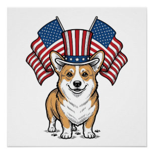 Patriotic Corgi Dog Vintage Engraving Shirt Design Poster